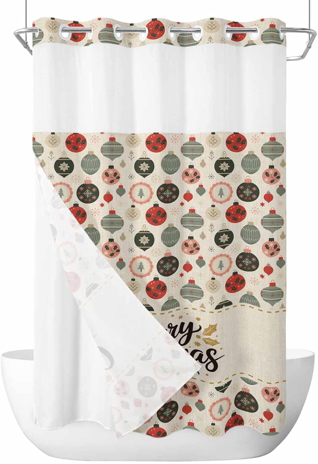 No Hook Shower Curtain, Merry Christmas Small Shower Curtains with Snap in Liner, Retro Winter Watercolor Coloful Ball Waterproof Washable Fabric Bathroom Curtain Sets, 36" x 78"