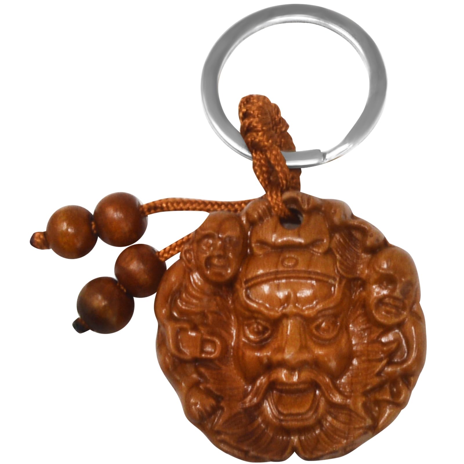 Feng Shui Peach Wood Chung Kwei Keychain Zhong Kui Wood Carved Amulet + Free Red String Bracelet SKU:M1072