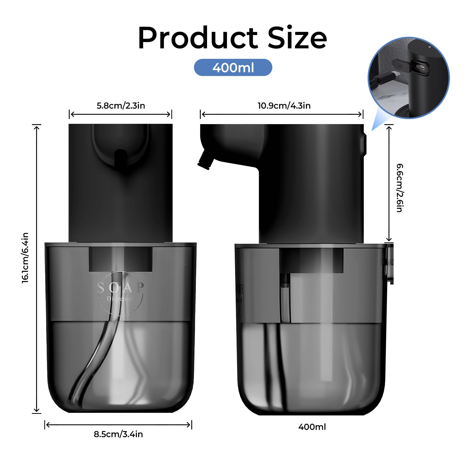 Dispenser Sapone Automatico a Schiuma, Senza Contatto con Sensore, 400ml Grande Capacità, 4 Livelli Regolabili, Ricarica USB-C, Impermeabile IPX5 per Bagno, Cucina, Hotel e Ufficio (Nero) - 2