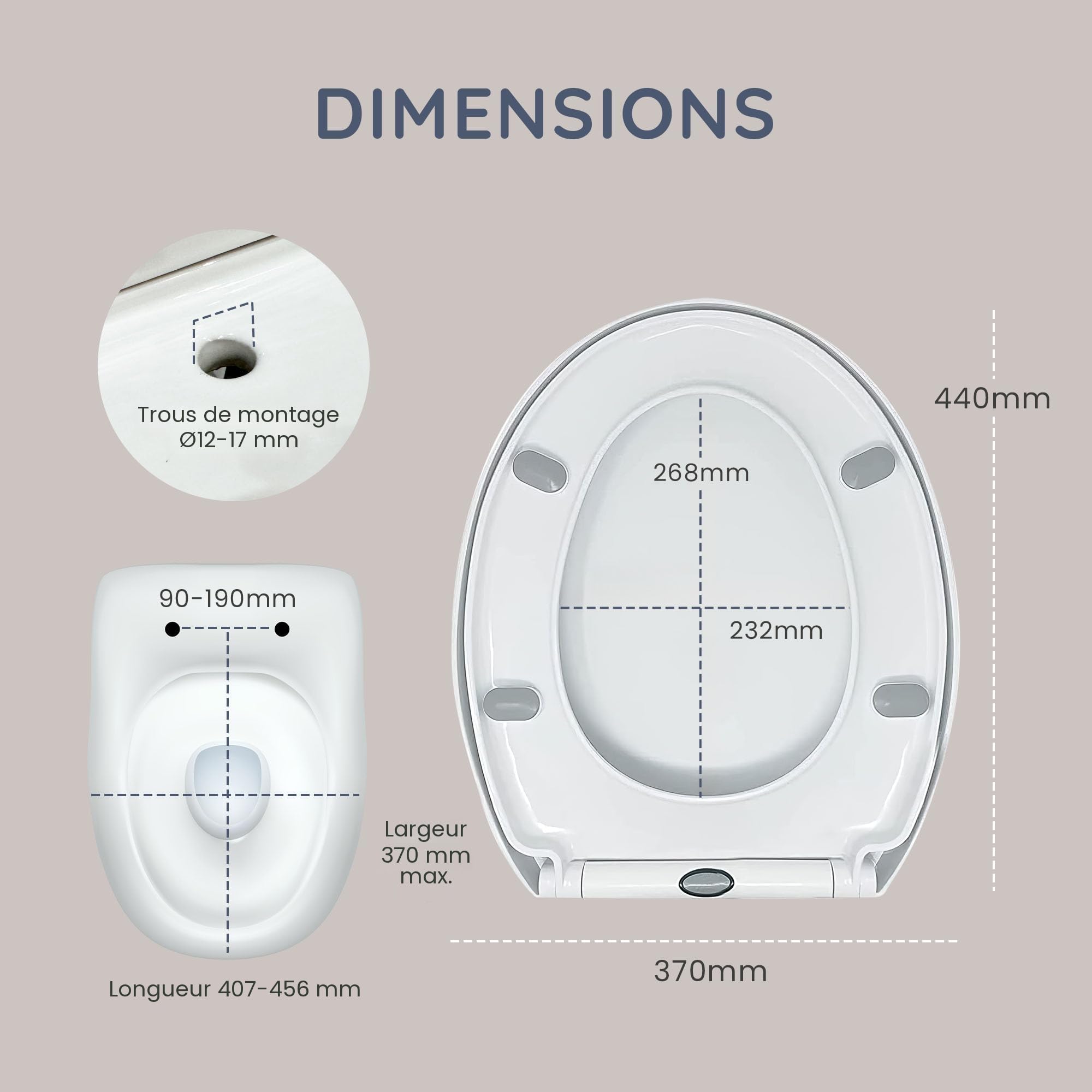 CUQOO Abattant WC ovale à fermeture amortie – Siège de toilette à dégagement rapide – Abattant de toilette en forme de O avec fermeture amortie – Abattant de toilette à fermeture lente avec charnières