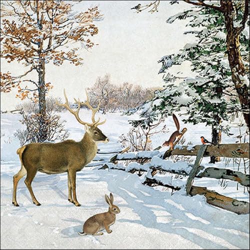 Set of 2 Individual Decoupage Paper Party Napkin Winter Deer Animals Snow Watercolor Decor Luncheon Napkins for a Birthday Holiday, Wedding, Cocktail Party
