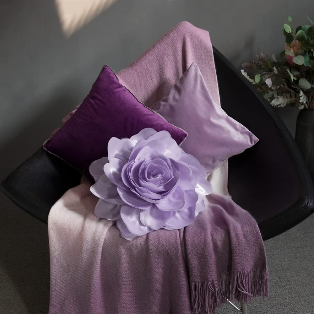 JWH 3D Flower Throw Pillow Covers Aesthetic Decorative Stereo Floral Accent Pillow Cases Round Cushion Rose Pillowcase for Bedroom Bed Couch Chair Car 12 Inch Lilac Purple - Image 8