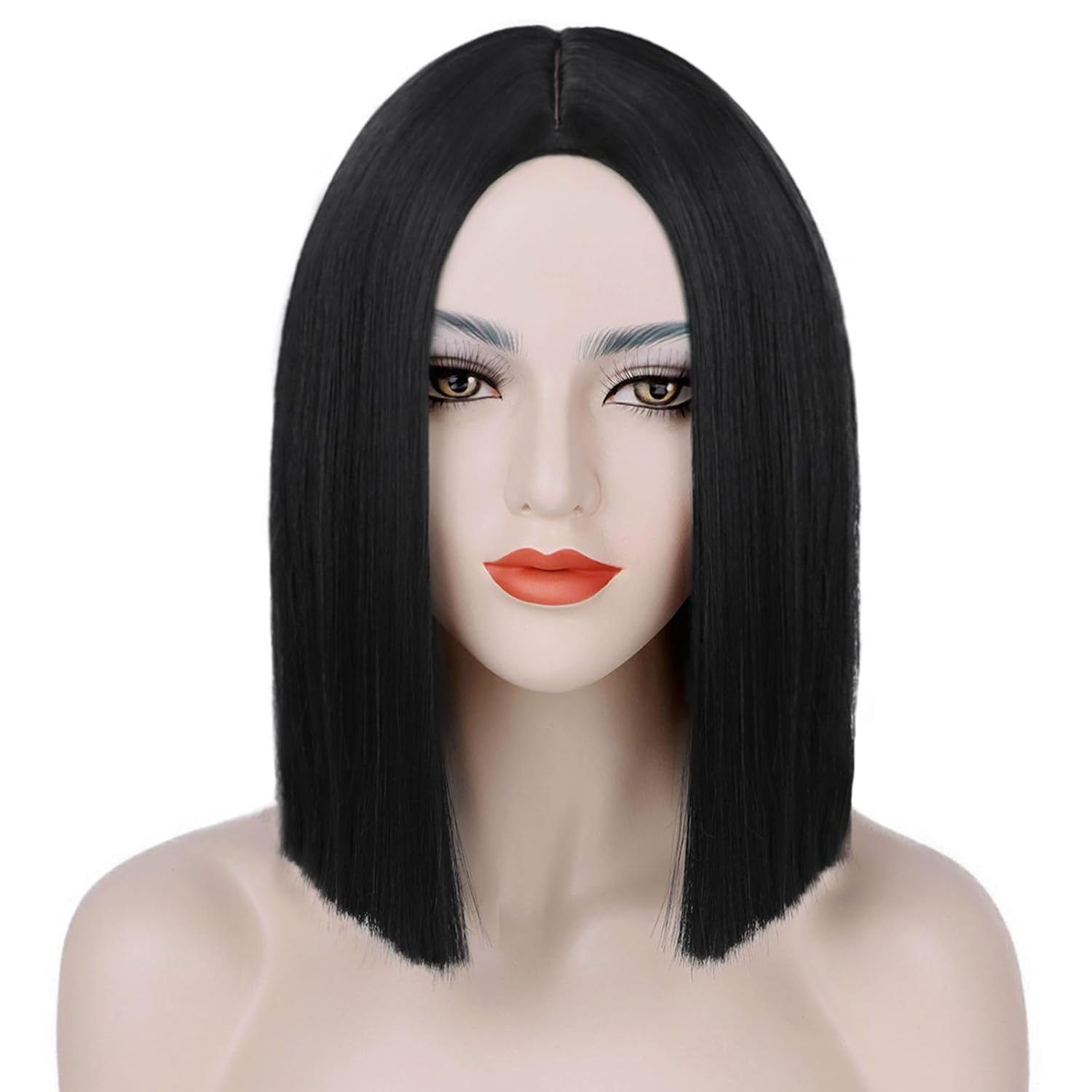 Black Bob Wigs for Women Short Straight Bob Without Bangs Middle Part Shoulder Length Heat Synthetic Wigs for Daily Party Cosplay Halloween Use(12 inches)