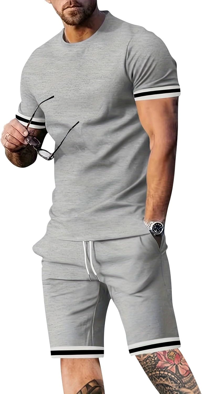 Mens 2 Piece Summer Outfits Short Sleeve Henley Shirt Elastic Drawstring Shorts Set Casual Breathable Vacation Wear