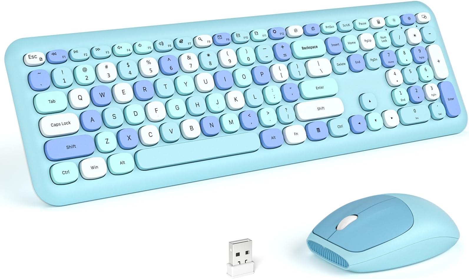 Wireless Keyboard and Mouse Combo, Pale Blue Full-Sized 2.4G Silent Keycap Colorful Keyboards, USB Dongle Plug Play, for Laptop, Windows, PC, Computer, Desktop