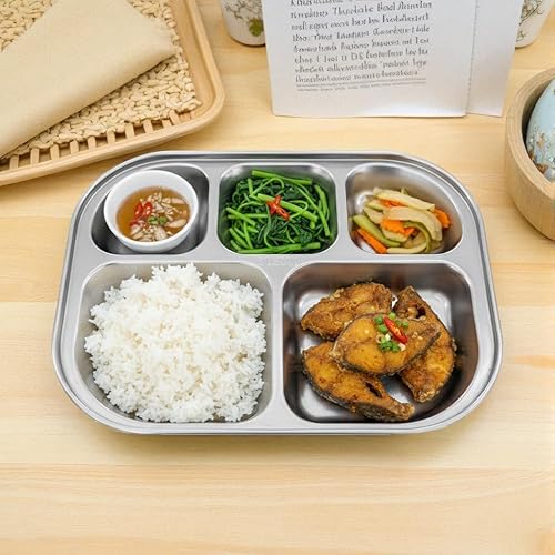 Miniatura 9 de KH866 Paquete de 2 bandejas divididas de acero inoxidable  5 secciones de tamaño pequeño compacto plato para servir cena, aperitivos, platos de