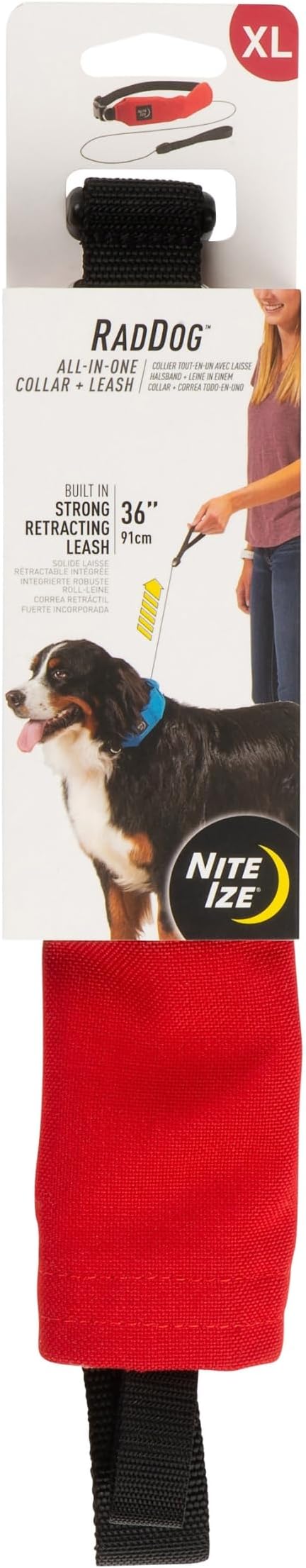 Nite Ize Raddog All-in-One Collar + Leash Combo, Dog Collar with Built-in Retractable Leash, Red, X-Large 20"-25"