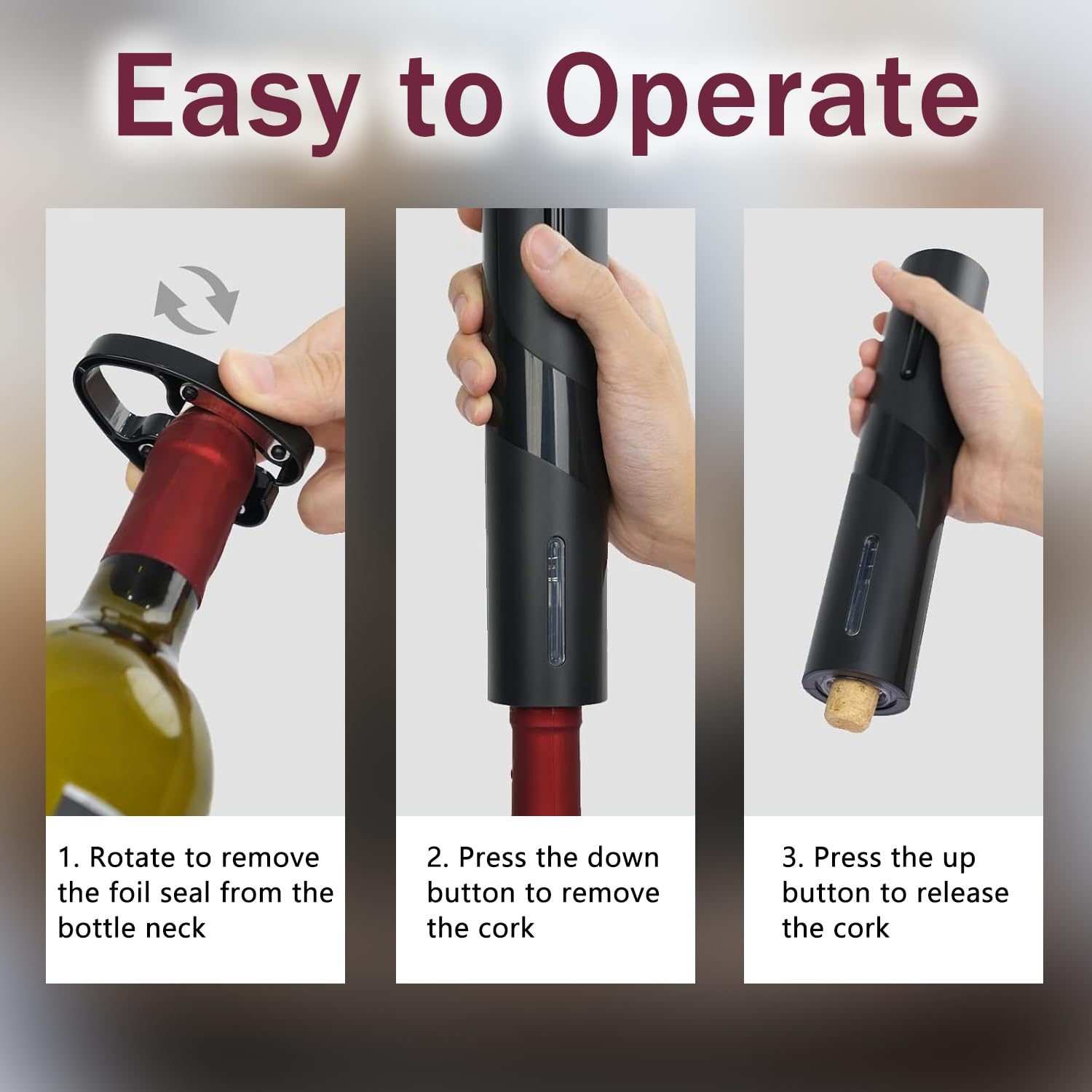 Abrebotellas de vino eléctrico recargable, juego de abridor de vino automático 5 en 1, abridor de vino eléctrico con cortador de lámina, vertido de vino, tapón de vino y base de almacenamiento 2