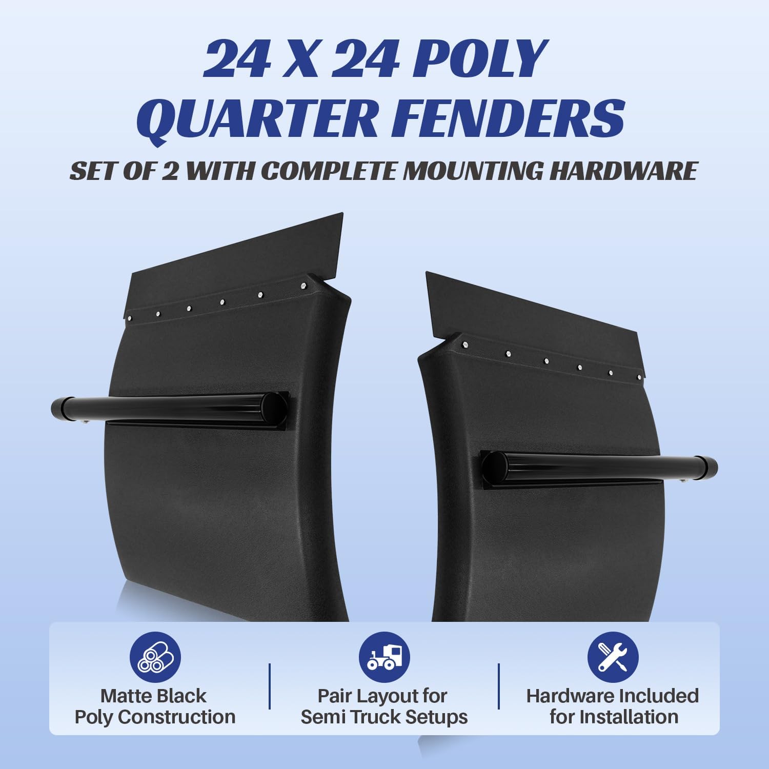 24"x24" 2 PCS Poly Quarter Fenders for Semi Truck with Mounting Hardware