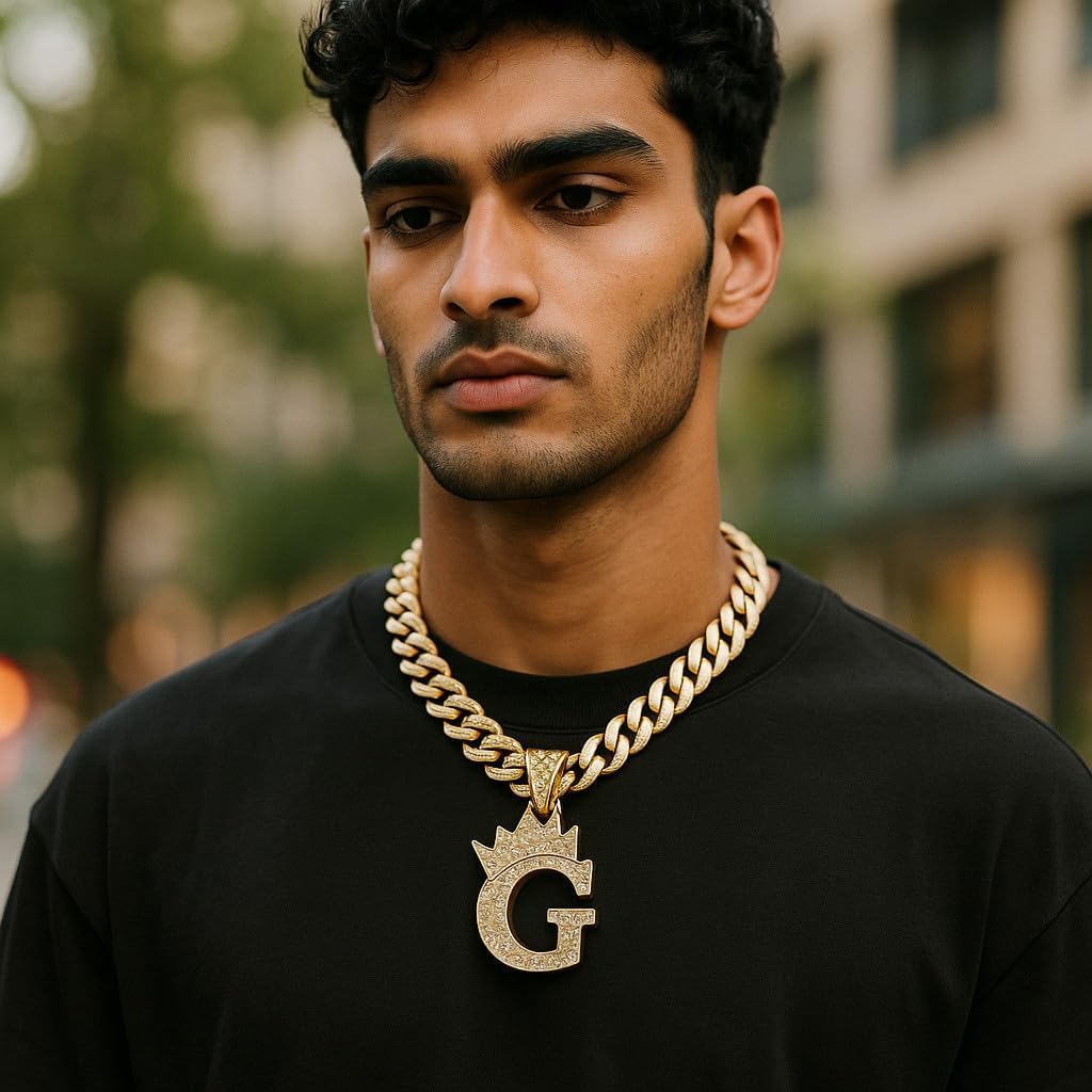 Hip Hop Alphabet Initial G CZ Pendant & 13mm 18" Full Iced Box Lock Cuban Chain Gold Plated Necklace - Image 2