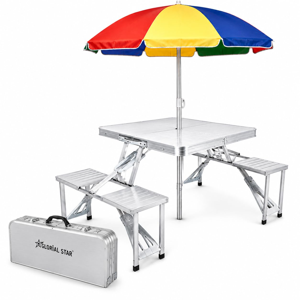 foldable picnic table with umbrella, portable 4 seater camping table set, aluminum folding outdoor table and chairs for picnic, beach, bbq, garden, patio and travel