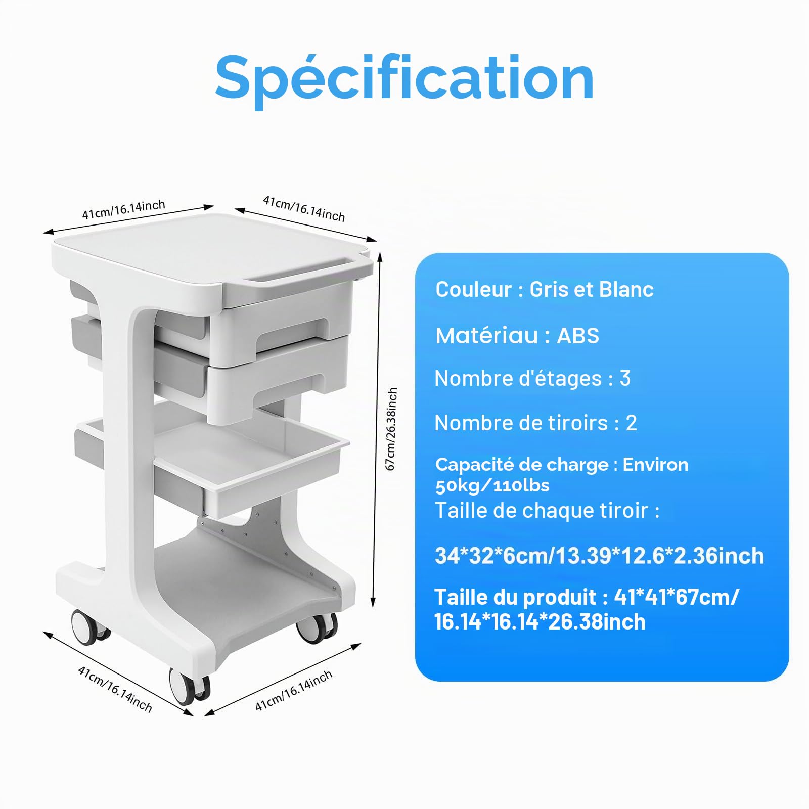 Chariot de laboratoire avec 2 tiroirs et étagère supérieure - 60 kg - Chariot de rangement - Chariot de rangement - Chariot de coiffeur - Chariot de travail - Chariot de service pour clinique et salon