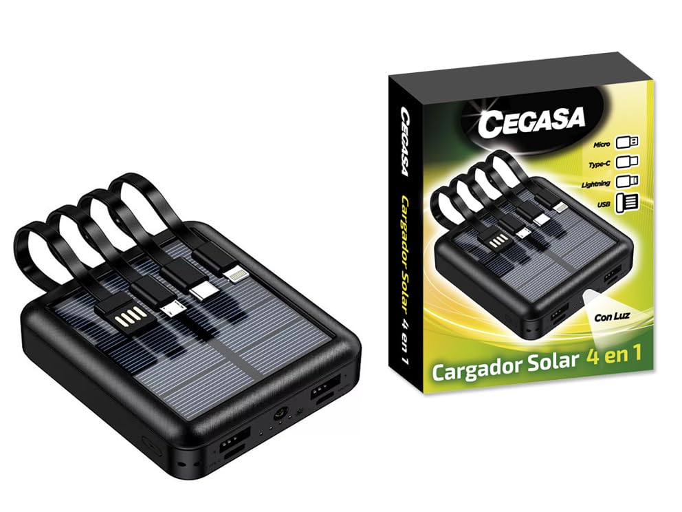 Novedad Cargador Solar Powerbank con Linterna CEGASA 5000MAH 4 EN 1 Cable Tipo C, Lighting, USB, Micro USB/Apto para iPhone, Samsung, Huawei,OPPO, Ordenador, Cargador, luz LED.