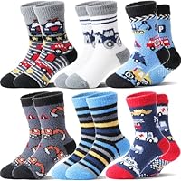 Welwoos 6 Pairs Kids Boys Fluffy Grips Socks Non Slip Anit Skid Slipper Thermal Warm Winter Thick Fun Cosy Toddler Bed Socks