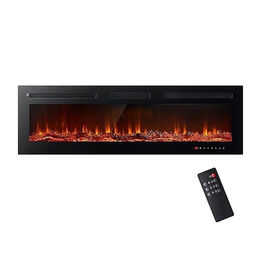 oneinmil Electric Fireplace, 50 inch Wide Recessed/Wall Mounted Electric Fireplace, Remote Control with Timer 12 Adjustable Color Flame, Remote Control,with Crystal Stone, 750/1500W