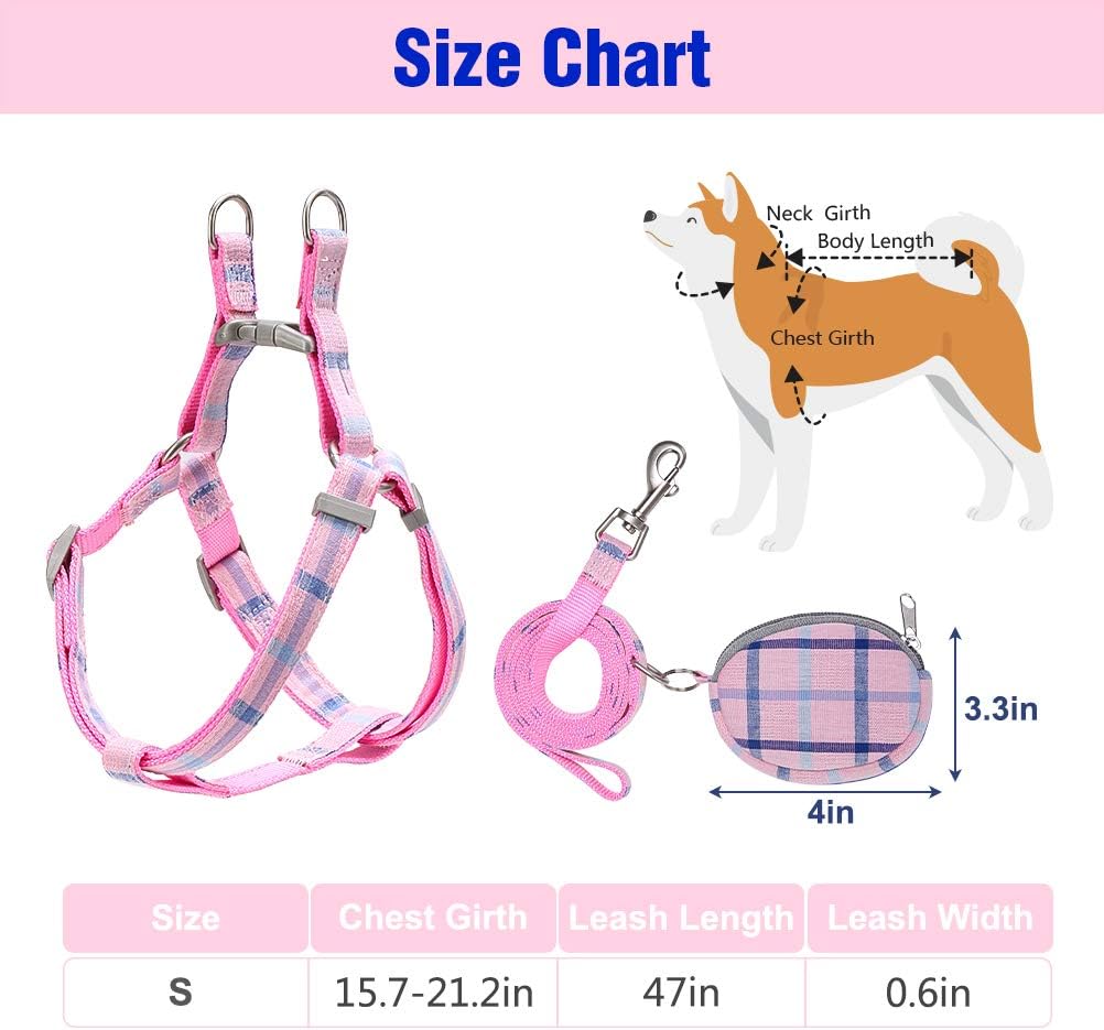 No Pull Dog Harness and Leash Set - Adjustable Plaid Step in Puppy Basic Harness for Small Medium Dogs Cats (S(Chest 15.7-22.8in), Plaid Pink) : Pet Supplies