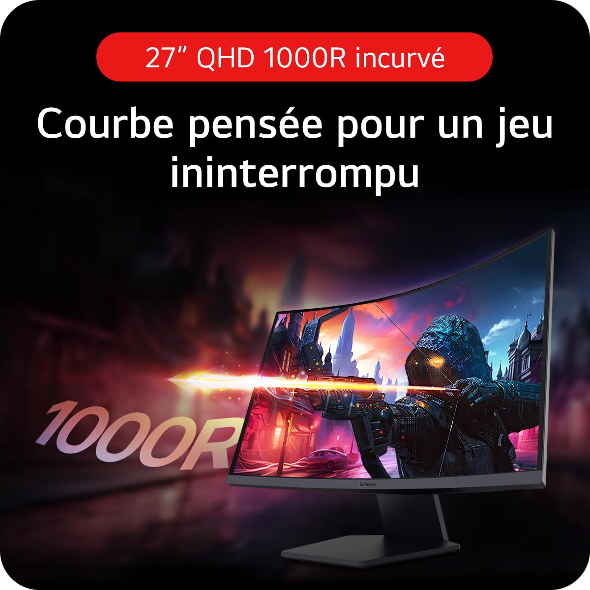 LG Ultragear™ 27GS60QC-B.AEU Ecran PC Gaming 27" - Dalle VA résolution QHD (2560x1440), 1ms 180Hz, HDR 10, sRGB99% (CIE1931), AMD FreeSync, inclinable, réglable en Hauteur