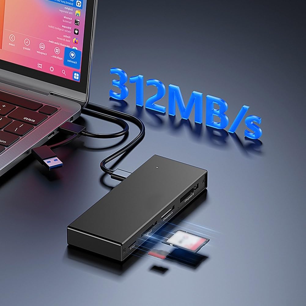 Lettore di schede in alluminio 5x USB 3.2 per fotocamera per sd alluminio | Supporta CFeA, CFeB, per SD, TF, USB 3.2, velocità 10 Gbps e play, nessun driver necessario