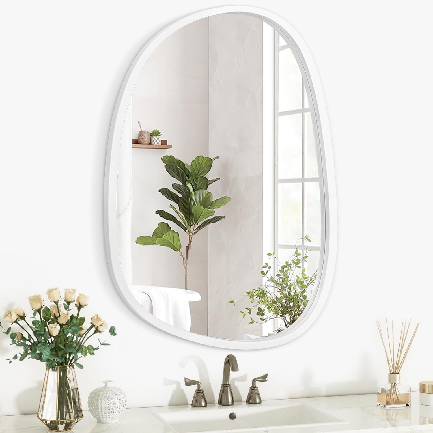 Wooden Frame Irregular Oval Wall Mirror Asymmetrical Modern Mirror Unique Shape Wall Mounted Vanity Artistic Mirror Decor for Bedroom Bathroom Living Room Entryway Hallway Large White 26"x18"