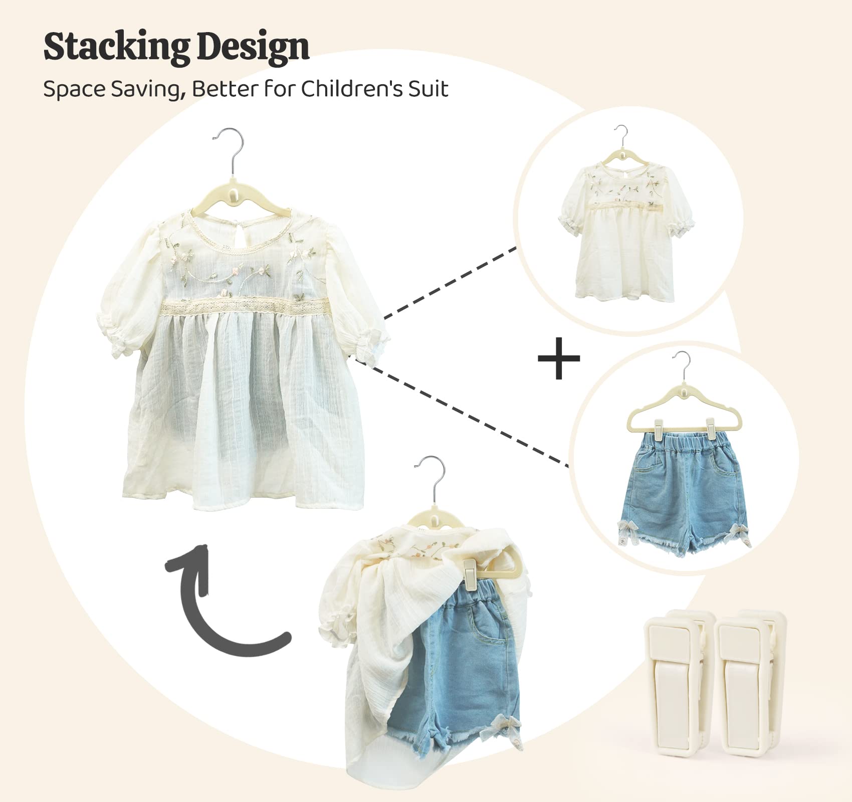 Perchas de terciopelo para niños de HOUISM, paquete de 30 perchas para abrigos de niños con 20 clips para dedos para conjuntos de ropa de bebé, niños pequeños y bebés, diseño en cascada ultradelgado