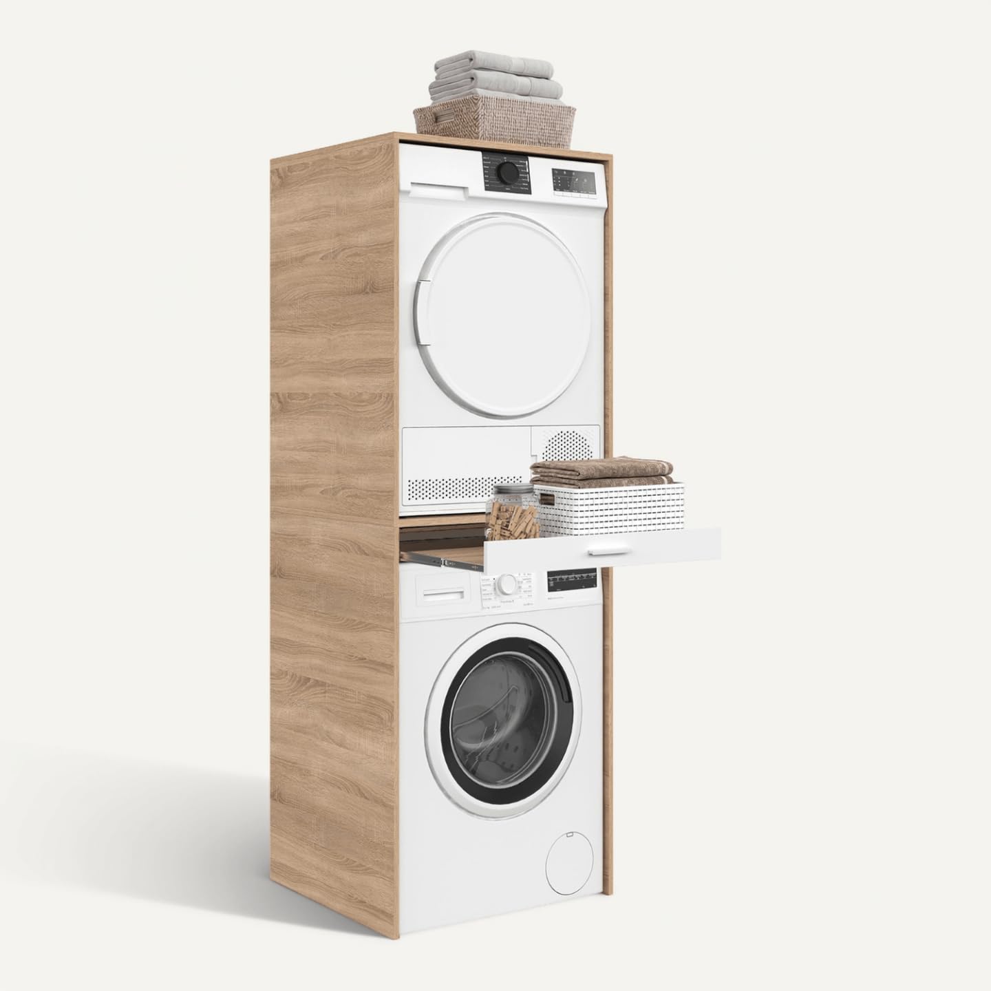 IDMarket - Meuble de buanderie pour Machine à Laver et sèche-Linge Wallis Plateau Coulissant pour Panier à Linge Bois et Blanc
