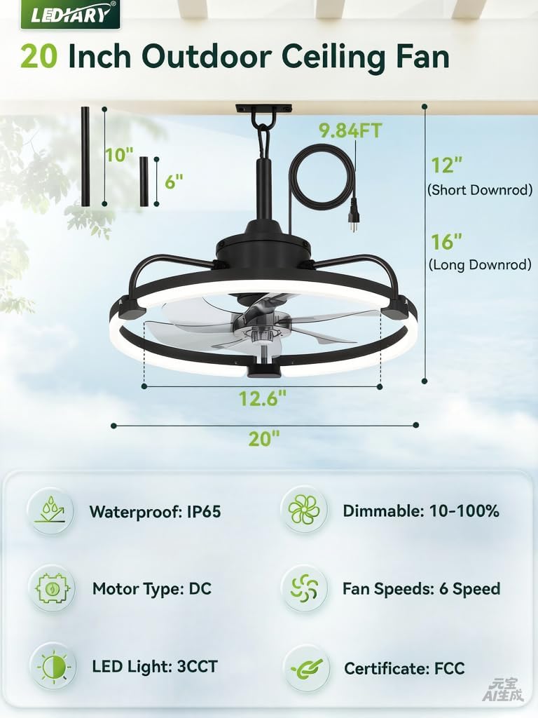 LEDIARY 20" Outdoor Ceiling Fan with Lights, IP65 Waterproof Gazebo Fan with Hanging Hook, Plug-in Ceiling Fan Remote&APP Control, 3CCT Dimmable, 6-Speeds, Caged Ceiling Fan for Gazebo,Patio,Pergola