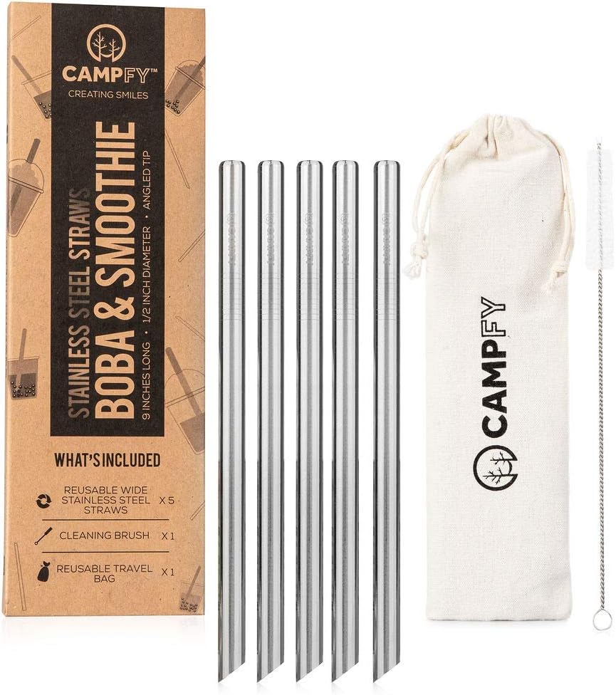 CAMPFY Stainless Steel Boba Straws with Cleaning Brush & 5 Angled-Tip Straws | Wide Bubble Tea & Smoothie Straw | Reusable & Metal Drinking Straws for Reduced Plastic Consumption | Eco-friendly | 12mm