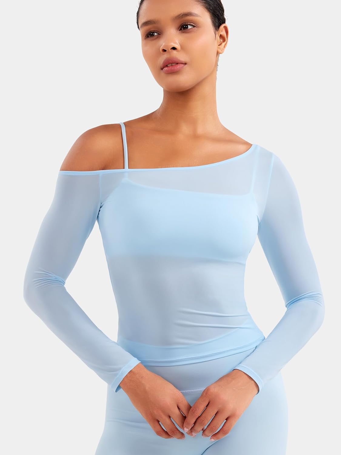 YEOREO Women Sheer Long Sleeve Crop Top Workout See Through One Shoulder Yoga T Shirts Summer Party Club Going Out Top - Image 3