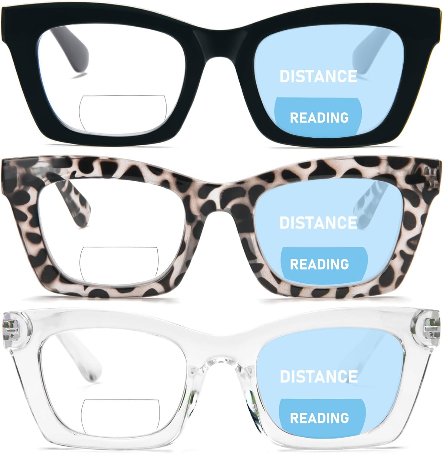 REAVEE 3 Pack Bifocal Oprah Style Reading Glasses for Women, Blue Light Blocking Stylish Thick Frame Readers Spring Hinges