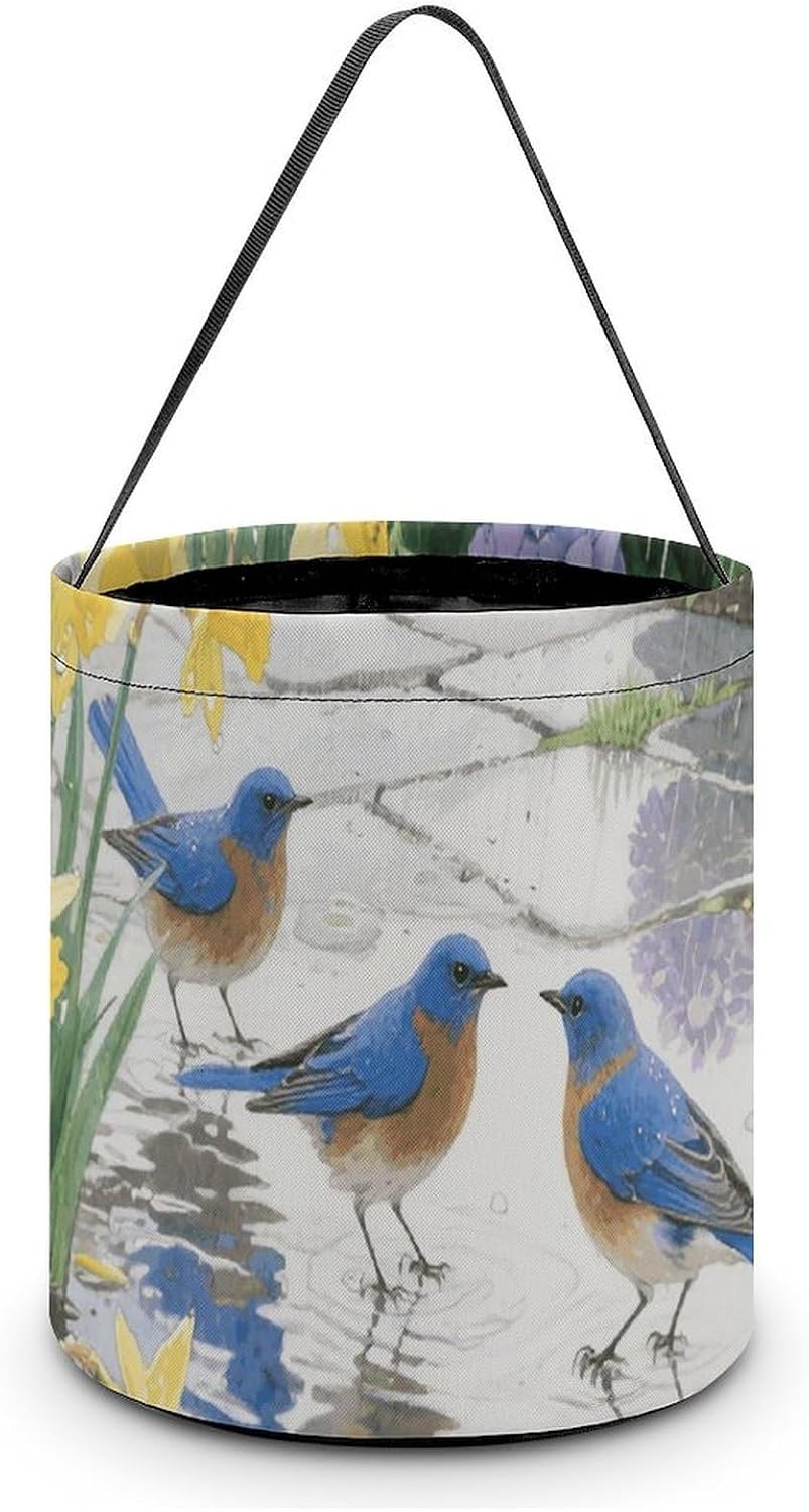 Reusable Summer Bluebirds Daffodil Halloween Candy Basket with Handle