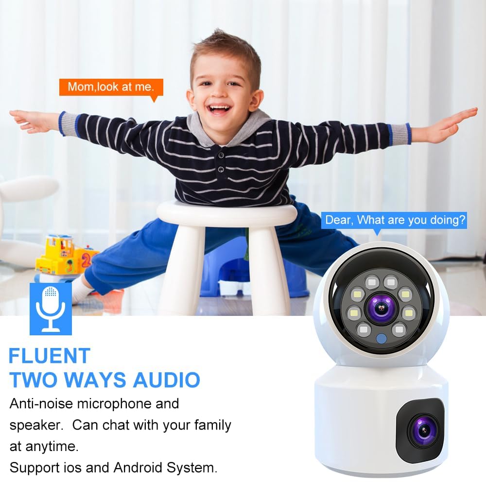 MAYUMI Dual Lens/Dual Screen Color Night Vision 4G 5+5 MP Full HD Wireless Indoor Camera with Supports All Sim Two Way Audio Alarm Notificationn