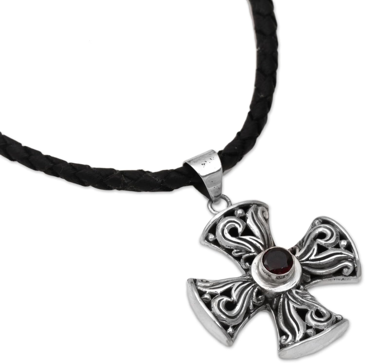 NOVICA Artisan Handmade Men's Garnet Cross Necklace Sterling Silver Leather Red Pendant Indonesia Birthstone [18.5 in L 3 mm W Pendant(s) 1.4 in L x 1 in W] ' Fire of Faith'