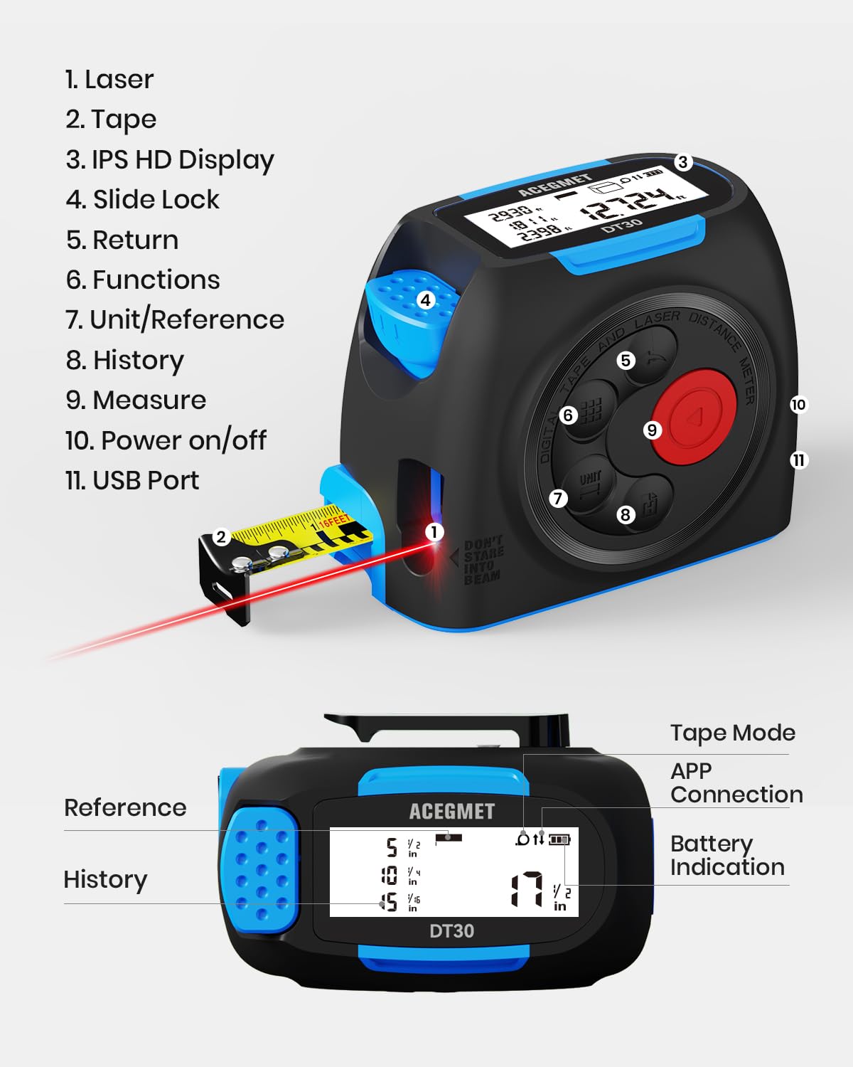 ACEGMET DT30 Digital Tape Measure, 131ft Laser&16ft Tape, ±1/16" Precision — Amazon image 7