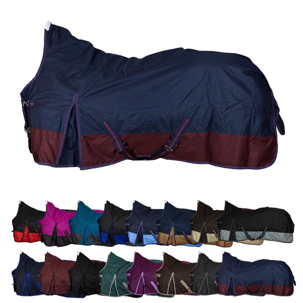 RL24 - Weidedecke High Neck Basicline 600D – Regendecke & Übergangsdecke – wasserdichte Outdoordecke mit Kreuzbegurtung – Pferdedecke in Marine/Kastanie – Größe 145cm (200g/m² Füllung)