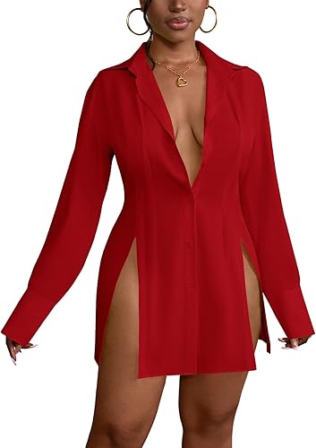 LYANER Vestido camisero con botones para mujer, cuello en V, manga larga, abertura sexy