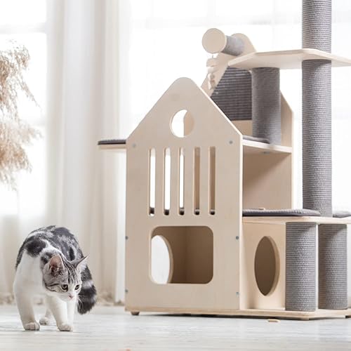 Miniatura 8 de Pawlabay Torre de árbol para gatos de varios niveles con postes rascadores para gatos y diseño de cápsula espacial, árbol de madera para gatos de