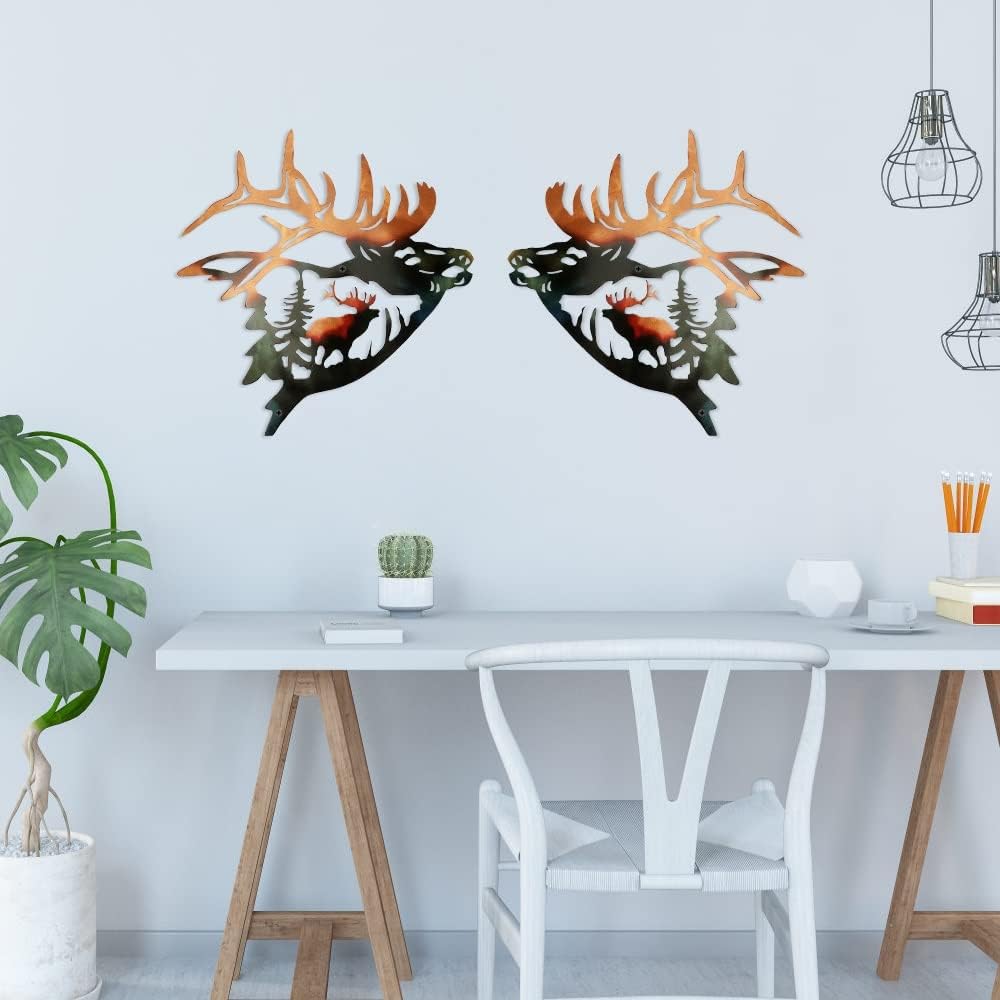 Bochino Set of 2 Elk Wall Art Decor Deer Metal Wall Decor Rustic Cabin Hunting Decor Metal Wall Art Sculpture Décor for Home Bedroom
