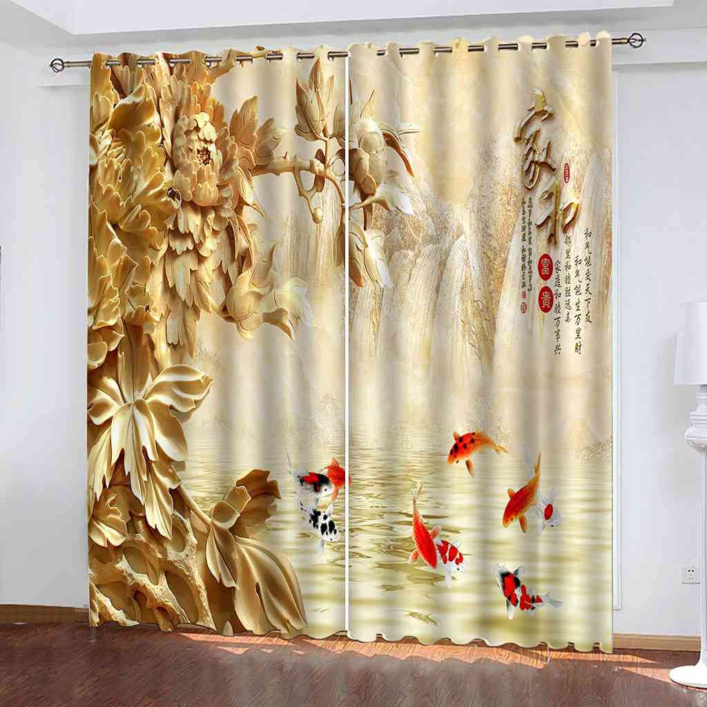 Rideau de fenêtre haut de gamme paysage doré de style chinois 3D chic à oeillets