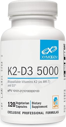 Xymogen K2-D3 5000 - Vitamina D3 K2 - Vitamina D biodisponible 5000 UI (colecalciferol) con vitamina K2 MK-7 - Corazón, arterial, salud ósea +