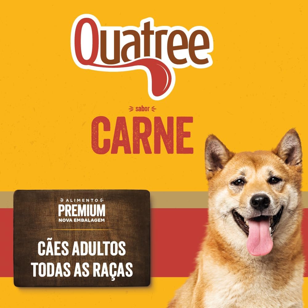 Imagem promocional destacando o logo da marca Quatree e um cão sorridente