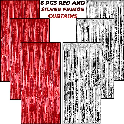 Image of TOYXE 6 Pieces Foil Fringe Tinsel Party Curtains for Photo Backdrop (RED-SILVER) | Fringe Curtains for Decoration | Foil Curtains for Birthday Decoration, Anniversary, Bachelorette, Valentines Day