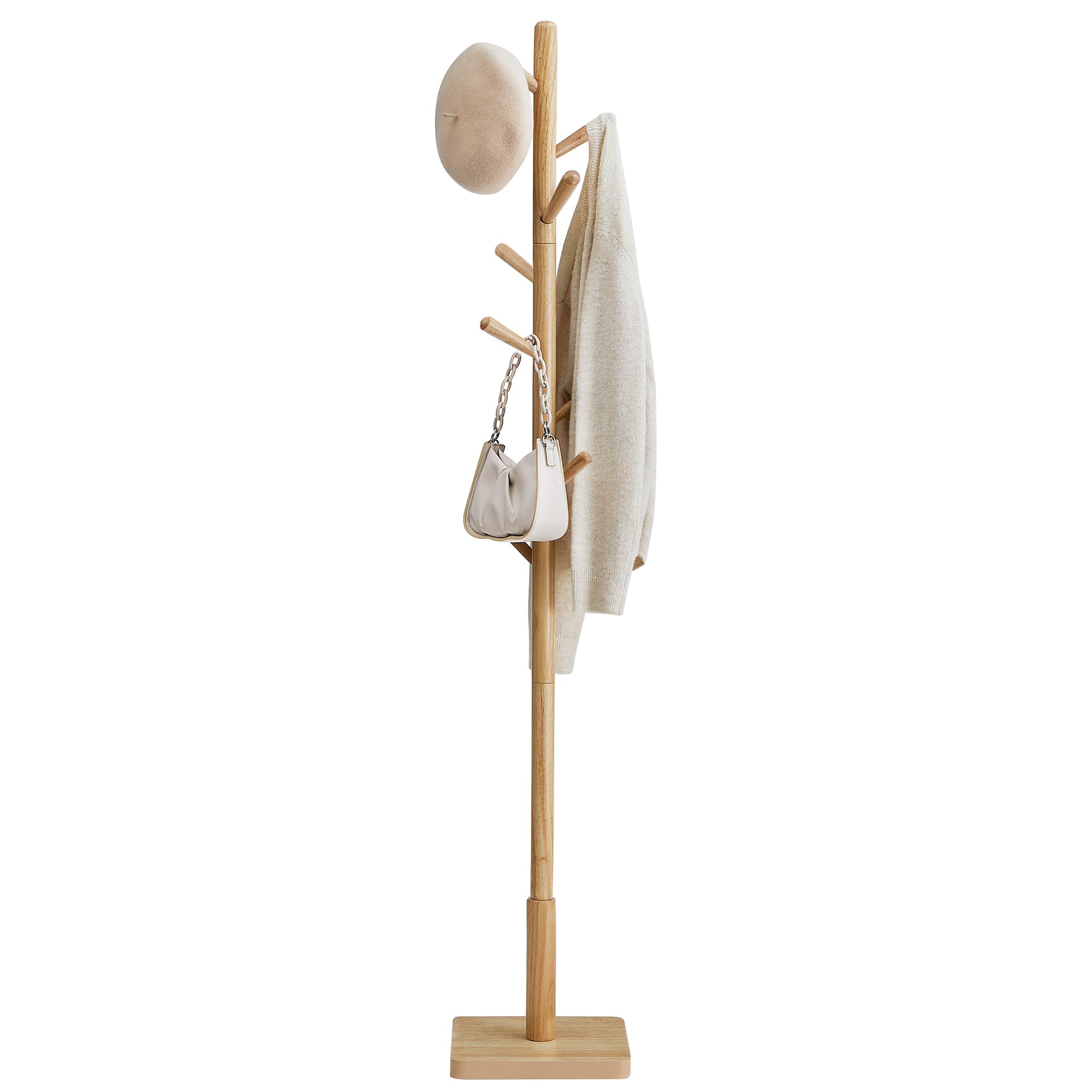 VASAGLE Perchero, Madera Maciza, en Forma de Árbol, 8 Ganchos para Chaquetas, Sombreros, para Pasillo, Ganchos y Barra de Soporte de Madera de Caucho, Beige Natural RCR010N01