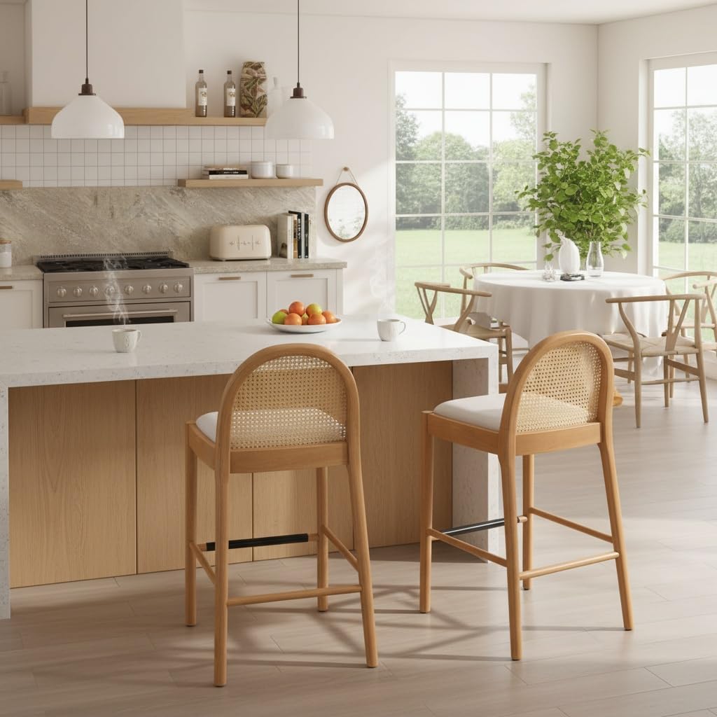 LukeAlon Modern Linen Bar Stools Set of 2, 29" Seat Height Tall Bar Chairs with Wooden Legs Natural Rattan Cane Back Bar Height Counter Stools with Footrest for Kitchen Home Pub, Beige