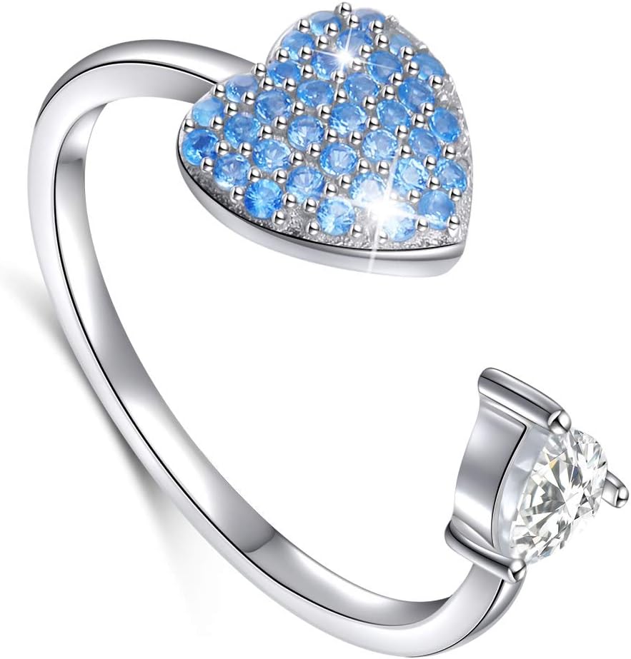925 Sterling Silver Adjustable Wrap Open Double Heart Blue Ring Jewelry for Women (6)