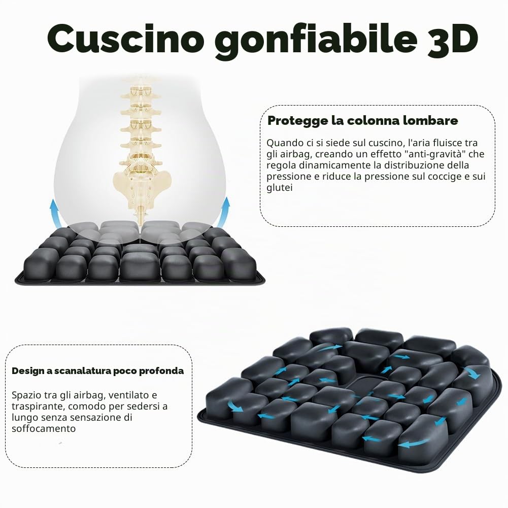 Cuscino da decubito, gonfiabile, 45 x 40 cm, nero, anti-decubito, con celle d'aria 3D, per scarico del coccige, in ufficio, auto, sedia a rotelle, viaggi, cuscino aereo