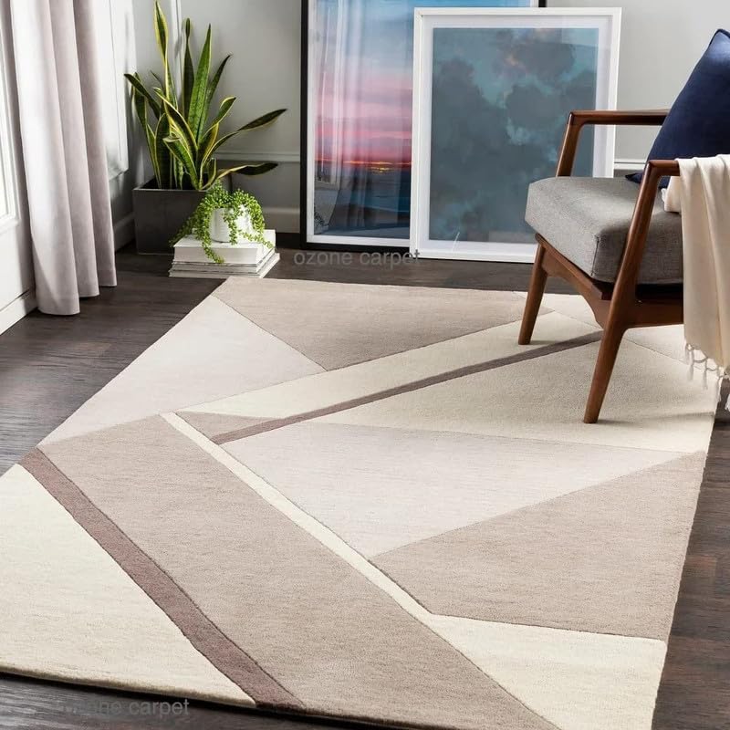 Handmade Tuffted Pure Woollen Thick Geometrical Carpet for Living Room and Bedroom with 1.4 Inch Pile Height Size 5 x 7 feet Multi New Beige SY