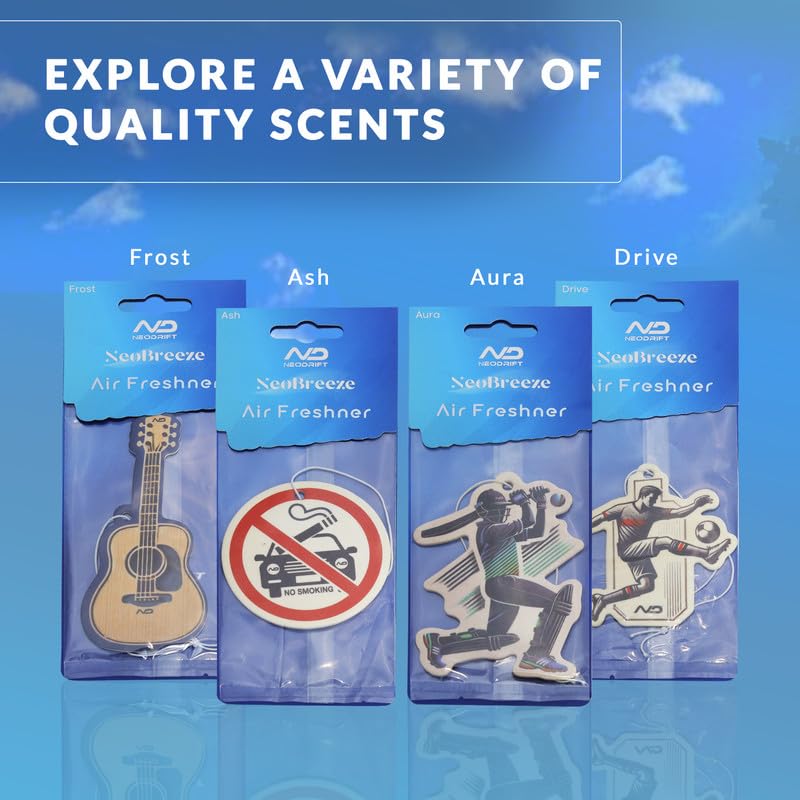 Image of NEODRIFT 'NeoBreeze' Car Perfume Air Freshener Cards | Fun Pack - Set of 4 (Guitar, Cricket, Soccer, Classic Black) | Long-Lasting Fragrance