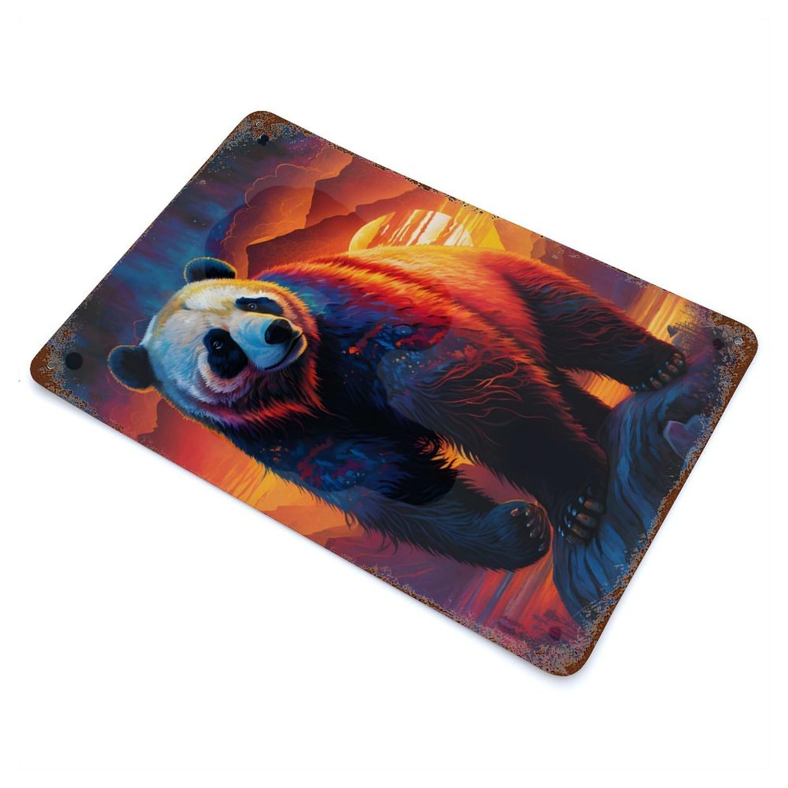Rust Effect Panda Aged Metal Wall Plaque 11.8"x7.9", Farmhouse Wall Decor for Office, Studio And Wall Decor