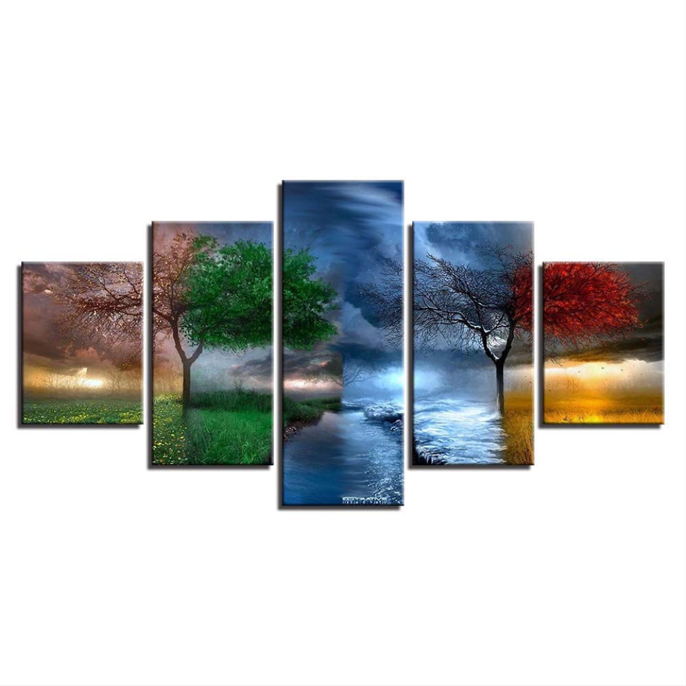Toile mur art photo d'arbre en couleur peinture 5 panneaux décoration sans cadre