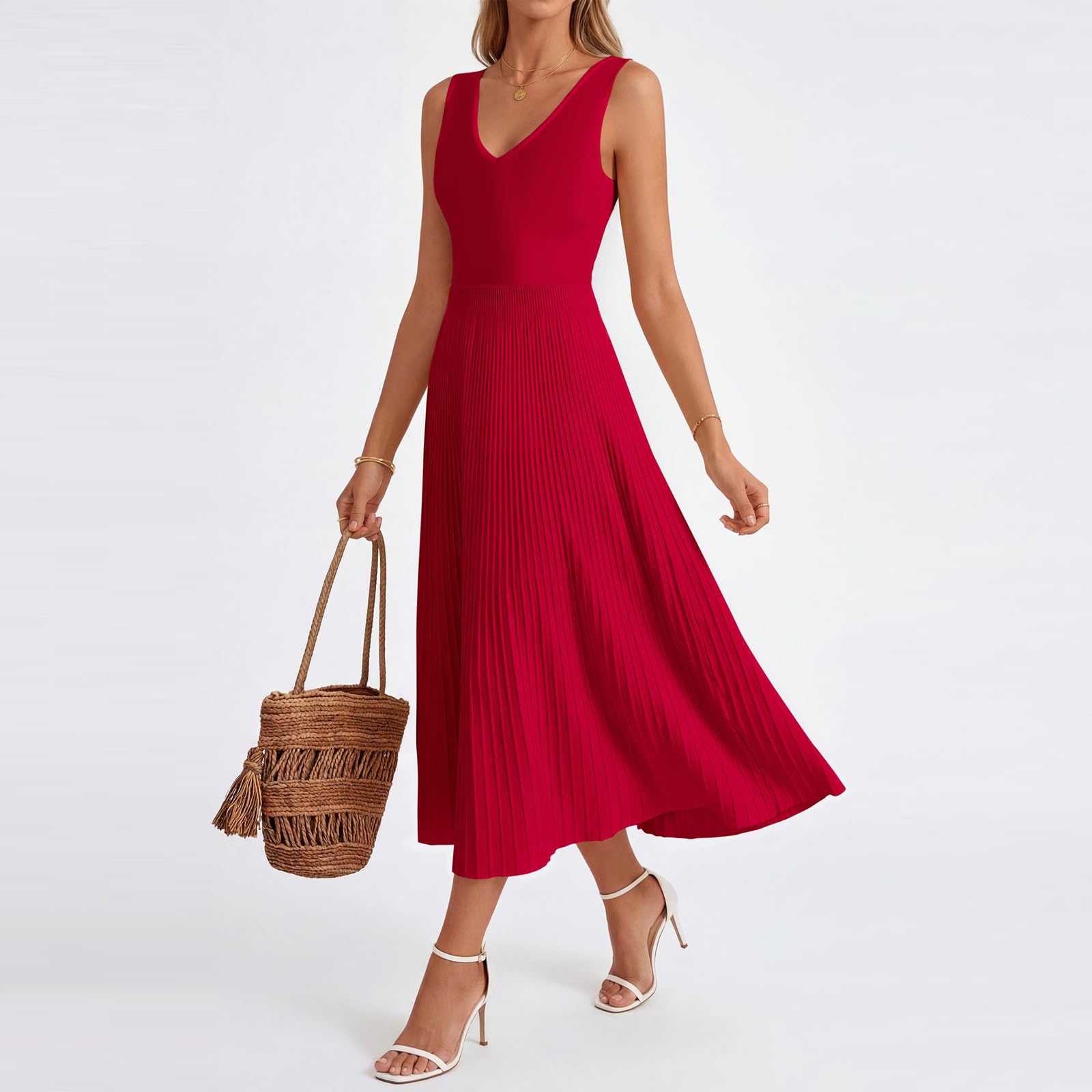 Vestito Donna Elegante Abito da Sera Senza Maniche con Scollo a V Abiti Lungo Plissettato Linea A Swing Abito da Cocktail per Festa Party